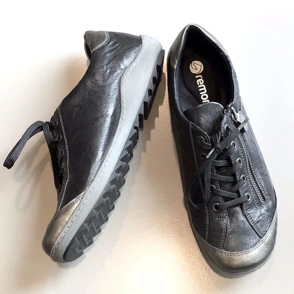 Remonte by Rieker Black Metallic Sheen Leather Zip Side Casual Lace Up Sneakers - Picture 7 of 16